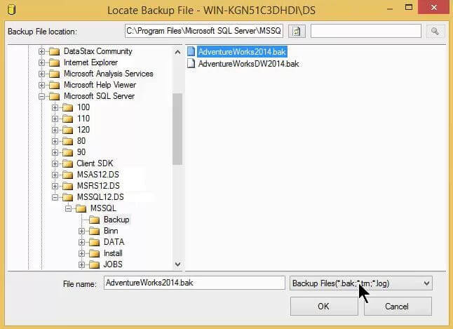 Locate the backup file