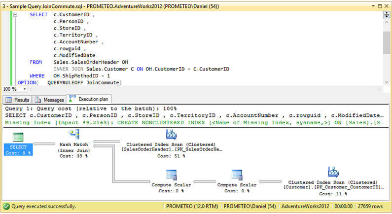 Execution Plan with JoinCommute Rule Disabled