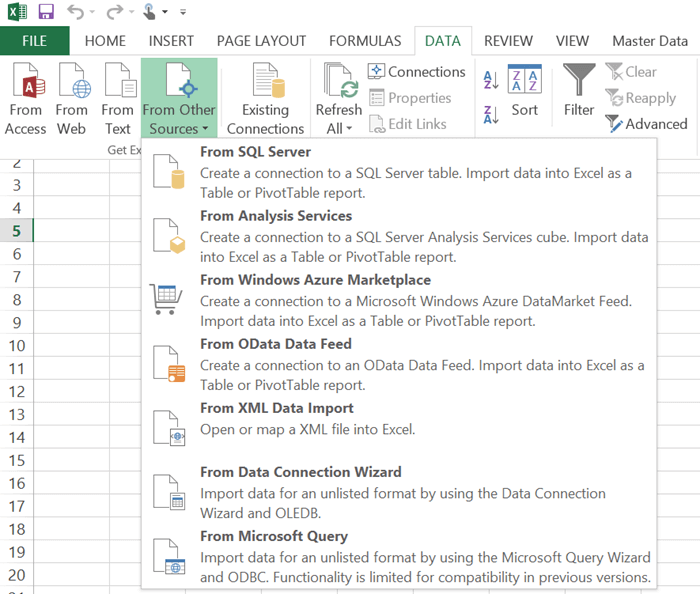 Select the SQL Server Analysis Services data source from Microsoft Excel