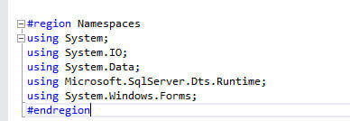 Namespaces region of the code