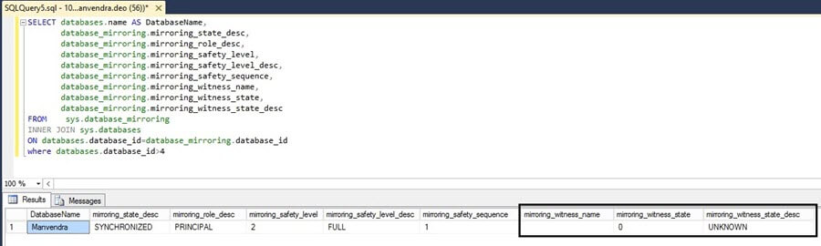 Status of the witness server and the status of database mirroring configuration