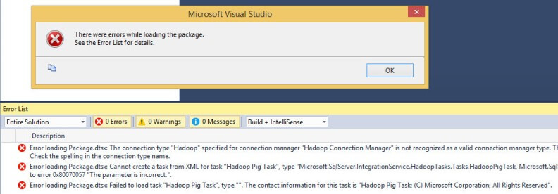 If you use SQL Server 2016 functionality though, you will get an error after setting the target version to an earlier version when opening the package
