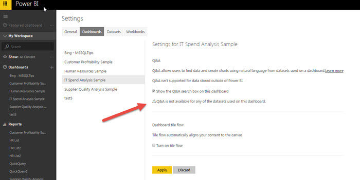 Power BI Dashboards setting