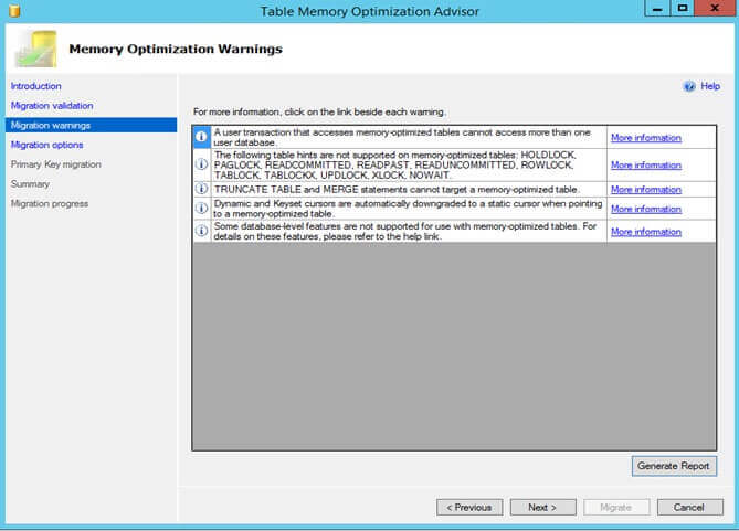 Memory Optimization Migration Warnings