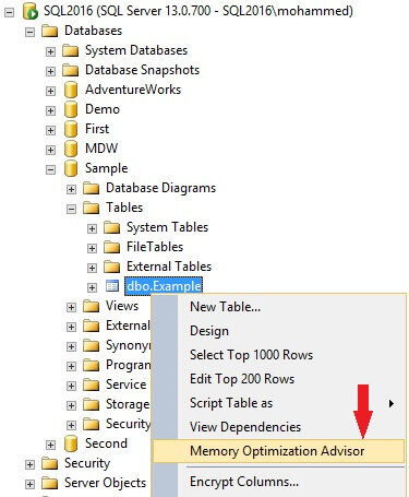 Memory Optimization Advisor in SQL Server Management Studio