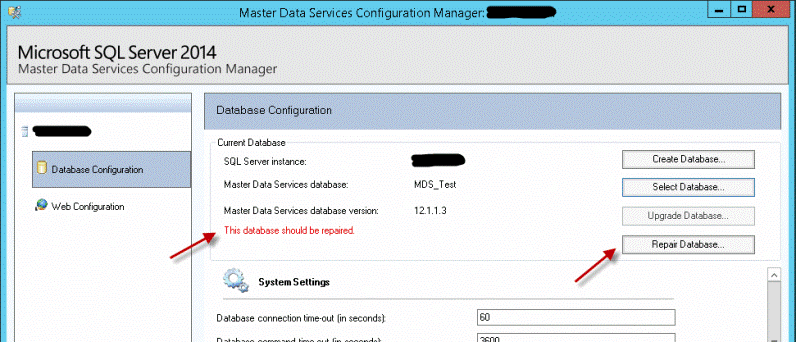 MDS database connection error message