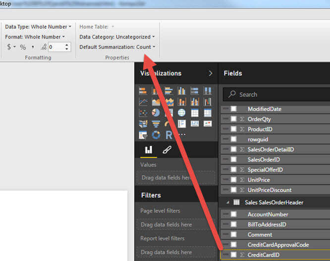 Default Summarization for the CreditCardID set to Count in Power BI Q&A