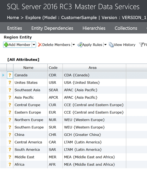 SQL Server 2016 Master Data Services Region Entity