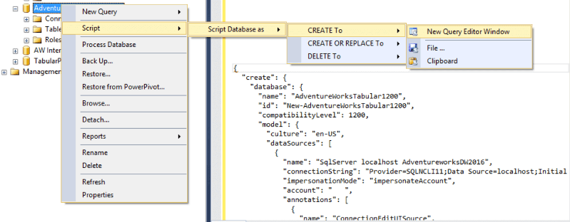 Script out the SQL Server Analysis Services database with TSML