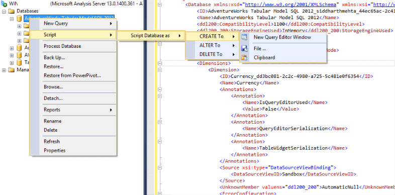 XMLA format for lower level SQL Server Analysis Services databases