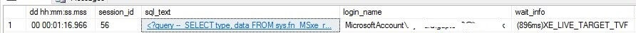 SELECT type, data FROM sys.fn_MSxe_read_event_stream (@source, @sourceopt)