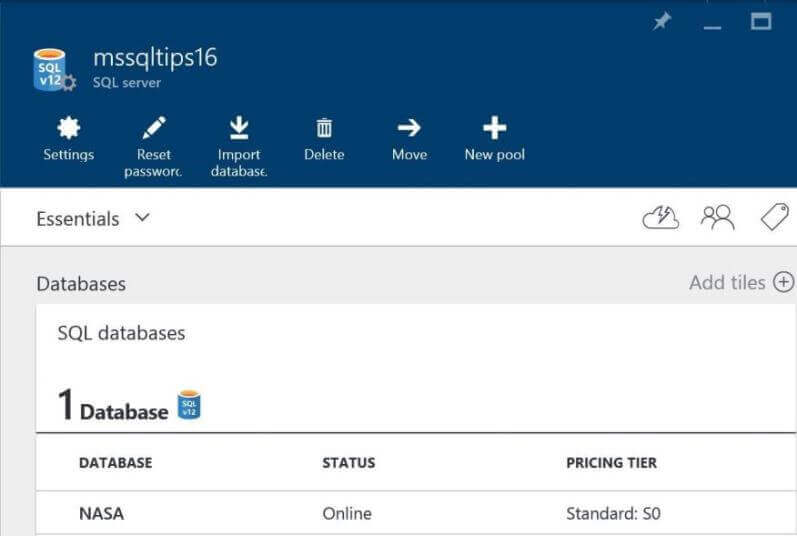 Azure SQL Server database NASA is online