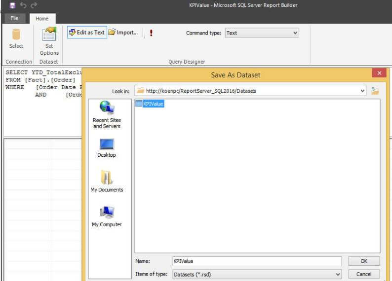 specify query in SQL Server Report Builder for a KPI