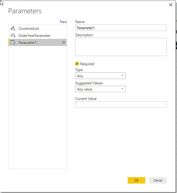New Parameter setup in Power BI