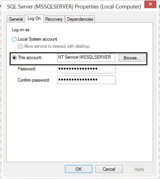 sql server service property