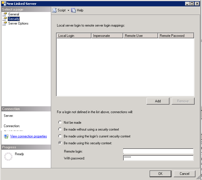 Security Properties for a Linked Server