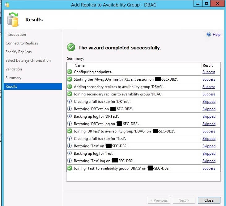 Add Replica to Availability Group Rules Summary