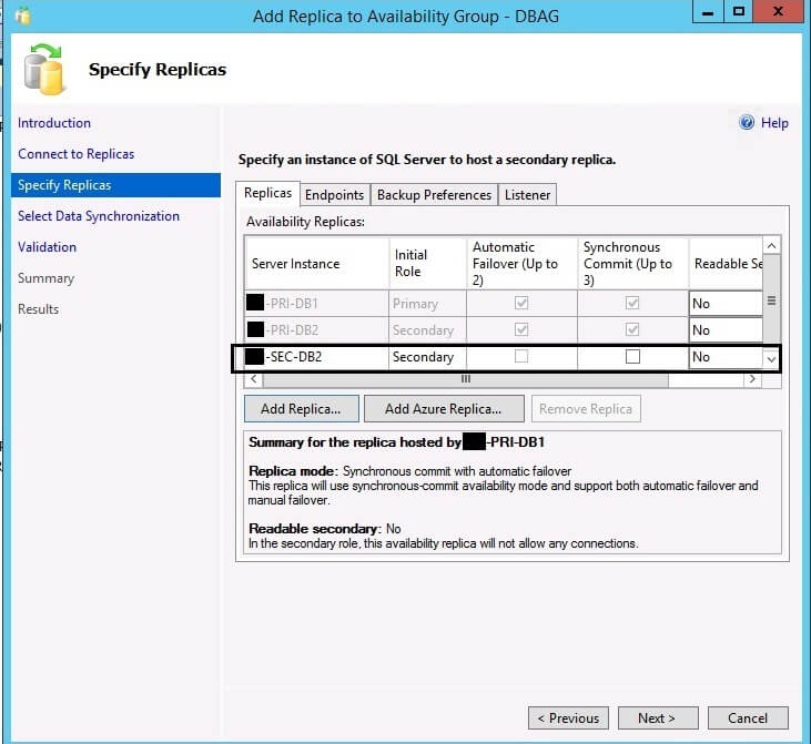 Specify replicas for the AlwaysOn Availability Group