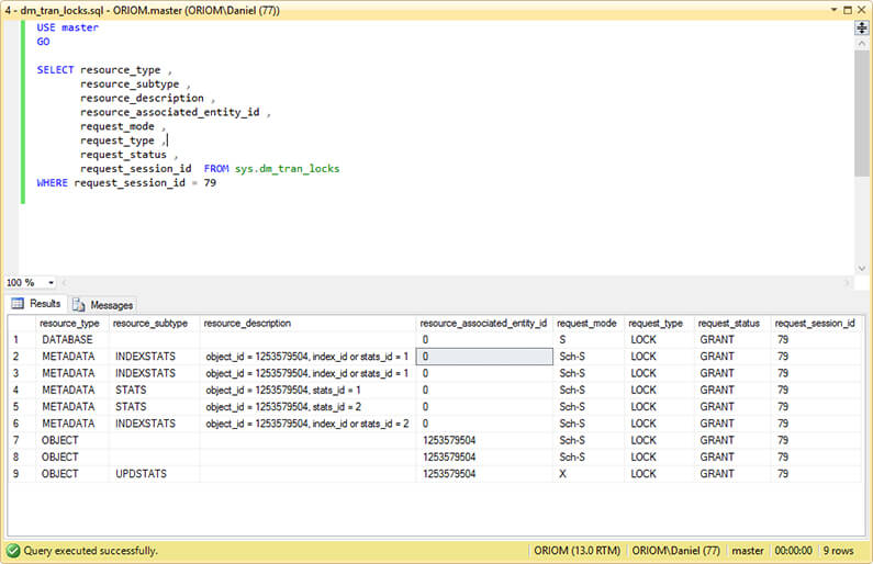 Screen Capture of sys.dm_tran_locks Results.