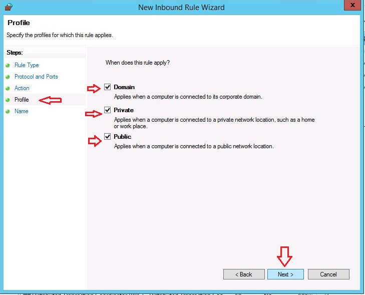 Profile options for the New Inbound Rule Wizard