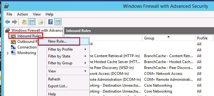 Create a new Inbound Rule from the left pane and click on "New Rule..."