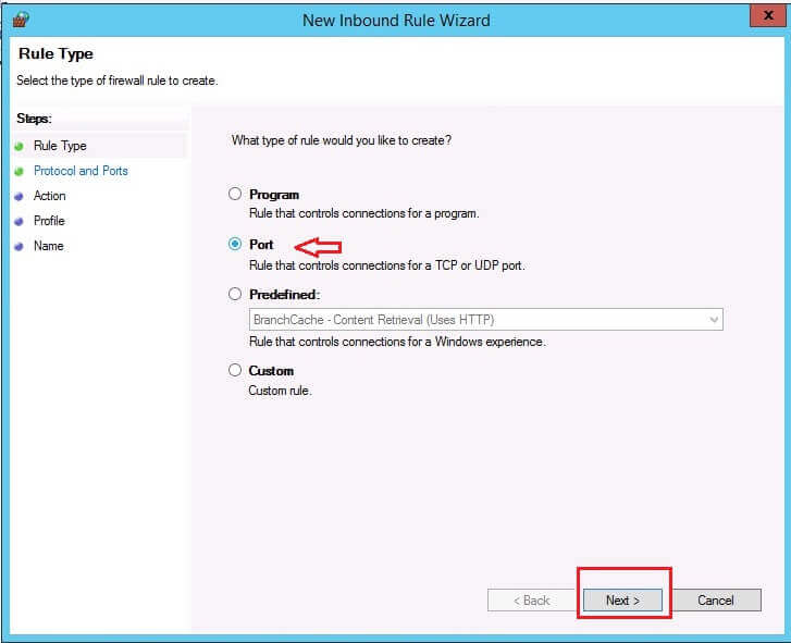 Select the port in the New Inbound Rule Wizard
