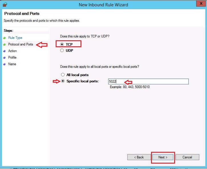 Select protocol and ports in the New Inbound Rule Wizard