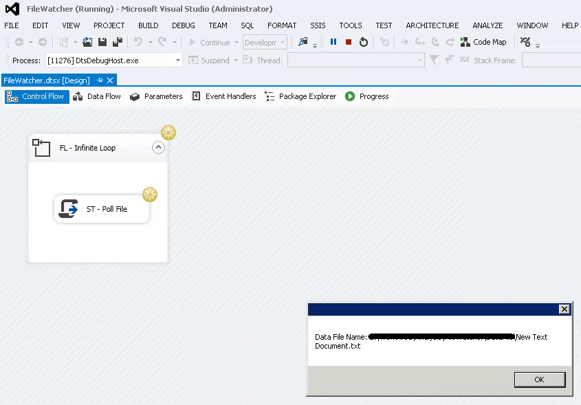 Once a file has been found in the folder, the script task identifies the file and displays the name in the message box