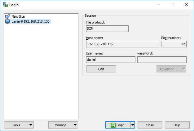 WinSCP Login Screen.