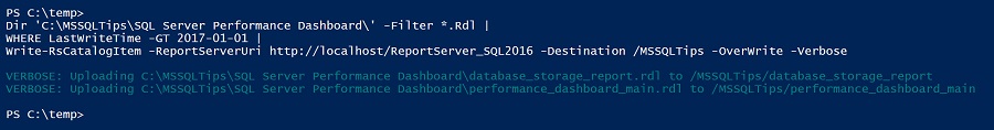 pipe my list of files to the Where[-Object] cmdlet and have it only send reports that have been modified since the beginning of the year to the Write-RsCatalogItem command