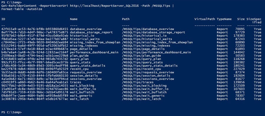 use the Get-RsFolderContent command to see that the report objects have been deployed