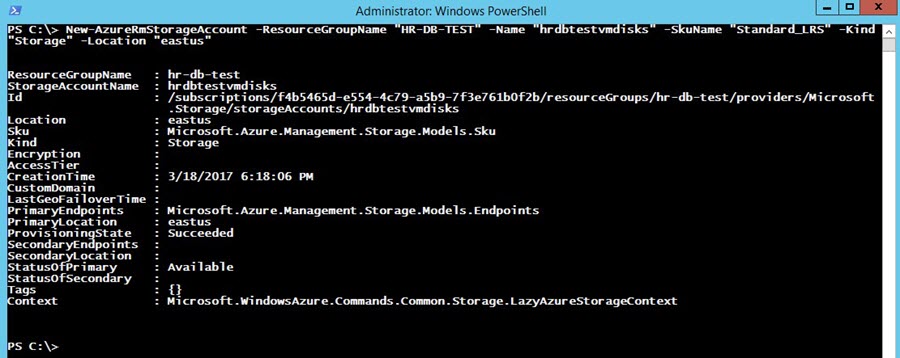 To create an Azure storage account, use the New-AzureRmStorageAccount cmdlet, passing the -ResourceGroupName parameter, the -SkuName parameter, the -Location parameter and the -Kind parameter