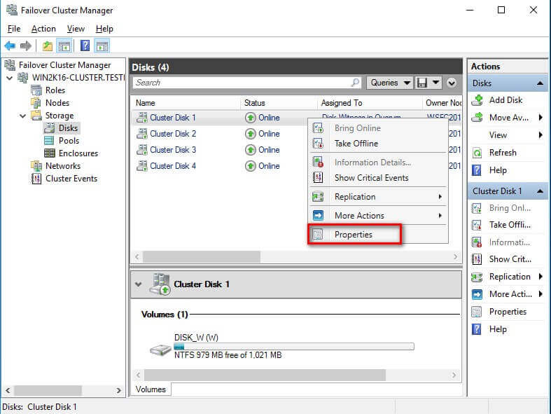 Properties page for that specific disk in the Failover Cluster Manager