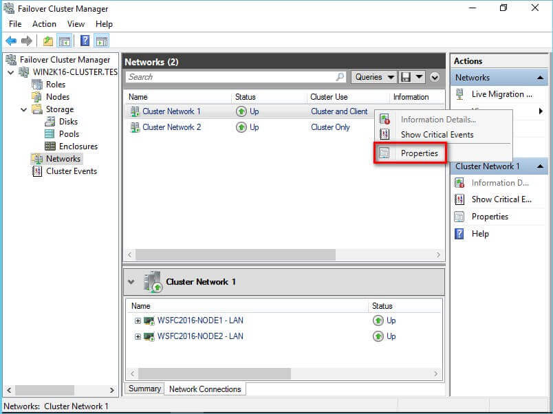 Properties page for that specific cluster network resource