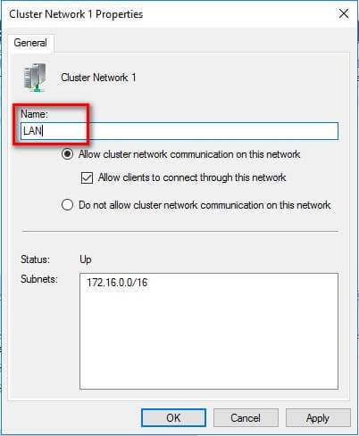 type the appropriate name for the cluster network resource in the Name textbox
