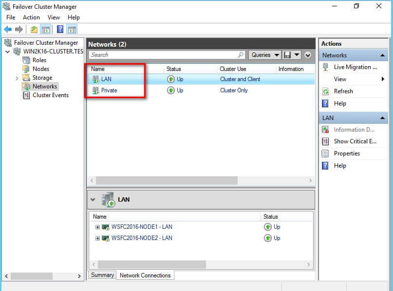 Final Networks in the Failover Cluster Manager