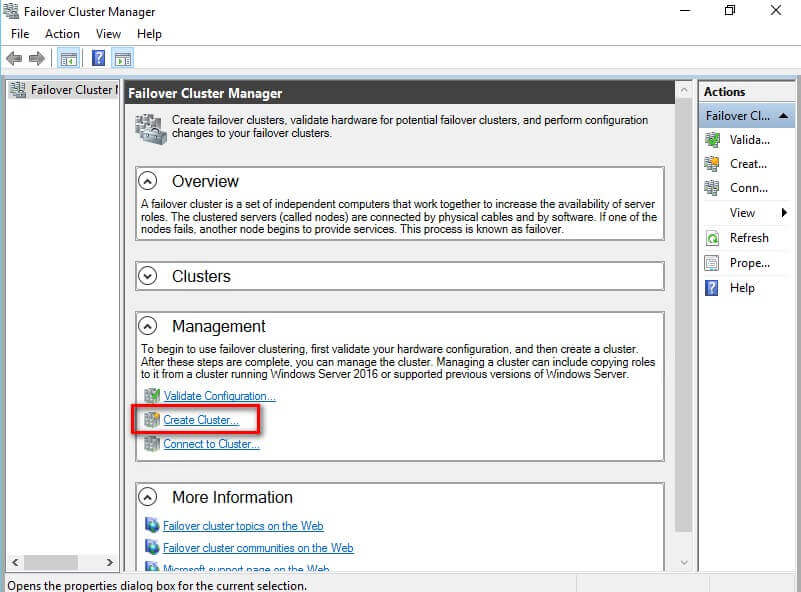 In the Failover Cluster Manager run the Create Cluster Wizard