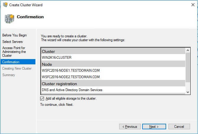 Confirmation dialog box to setup the nodes of the WSFC