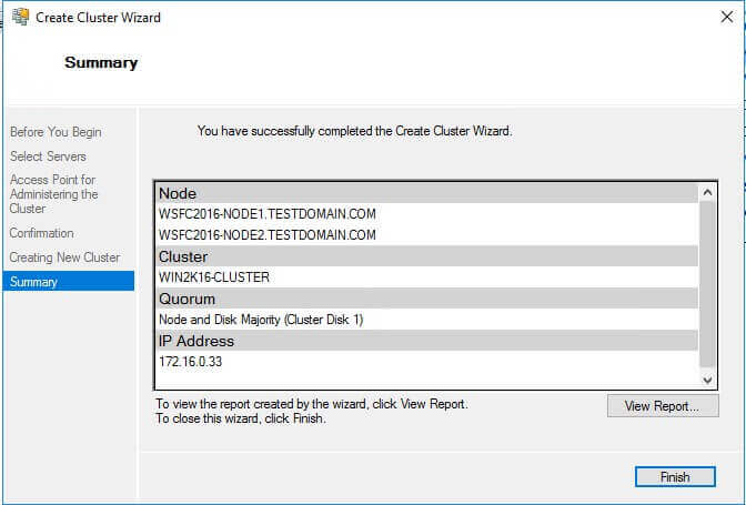 Summary of Create Cluster Wizard