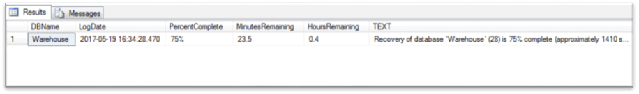 Database Recovery query in Action - Description: This screenshot shows the database recovery query in action, including an example of what the result set may resemble.