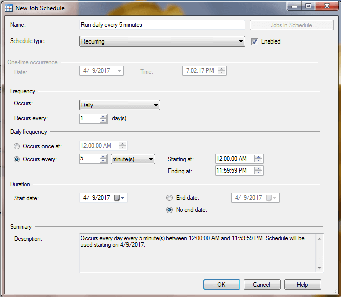SQL Server Agent Job Schedule to run daily every 5 minutes