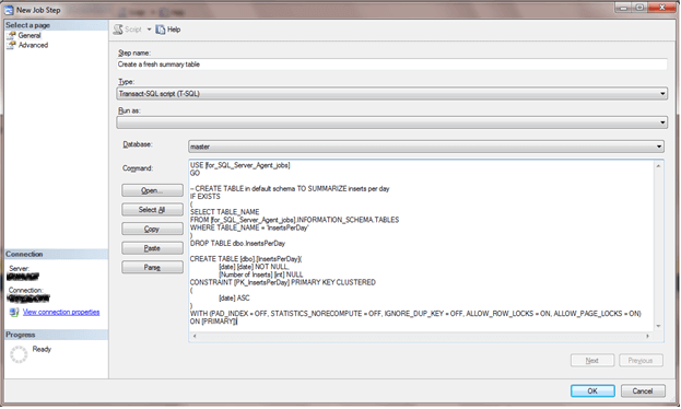 SQL Server Agent Job Step for creating a summary table job does not have a schedule