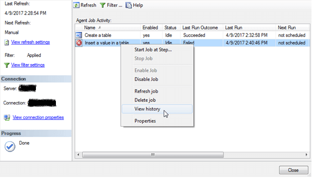 View History for SQL Server Agent Job