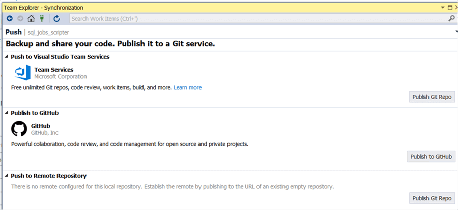 Team Explorer Syncronzation 2 - Description: MOre fields for syncing. Press the Publisht to GitHub buttion