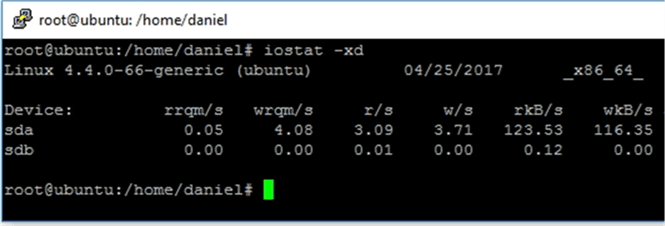 iostat Extended Statistics Left - Description: Screen capture of the execution of iostat with extended statistics, left part.