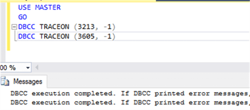Trace configure commands - Description: Command for configure trace flag globally. Here configured trace flag 3213,3605.