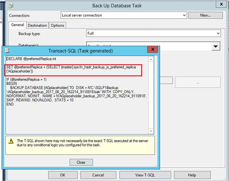 Back Up Database Task - Description: T-SQL in Back Up Database Task showing checks for preferred replica