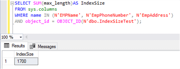 SQL Server index size will be 1700 bytes
