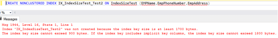 SQL Server index creation fails because the maximum index size 900 bytes