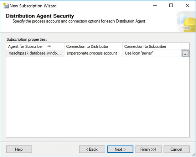 new subscription wizard distribution agent security